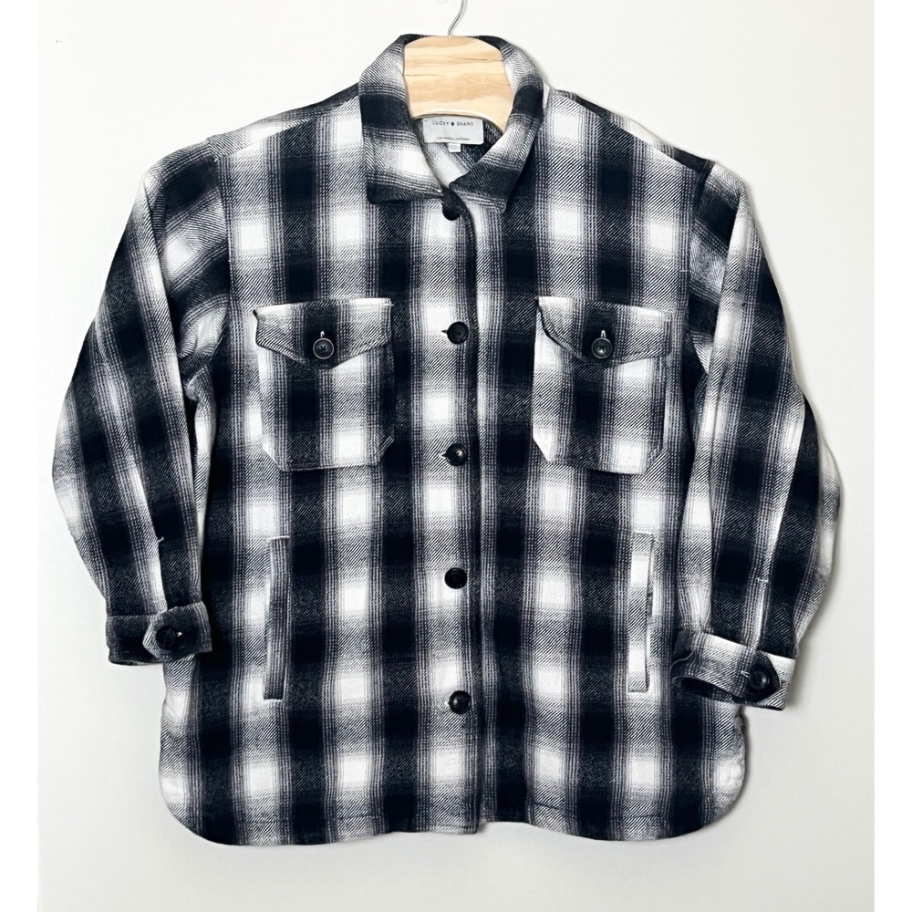 Lucky Brand Flannel Shirt Jacket Womens Large Black White Plaid Button Up